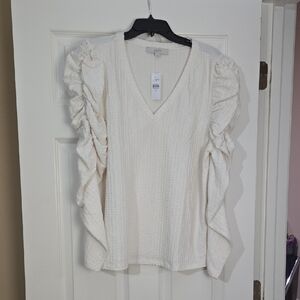 LOFT Ivory Ruched Sleeve Blouse
